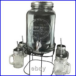 Glass Beverage Dispenser 2 gal. 4 Mason Jar 16 oz Mugs with Lids and Straws