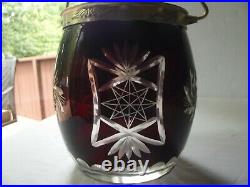 Glass Biscuit Jar with Silverplate lid handle Bohemian Czech Ruby Red cut to clear