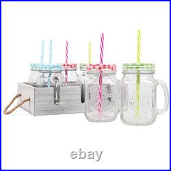 Glass Drinking Mason Jar Cups with Handle & Wooden Carrier with Reusable Straws
