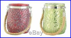 Glass Jar Candleholder Embossed Flower Rope Handle Red Green 10 Lot Mix & Match