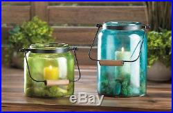 Glass Jar Candleholder Lantern Metal Handle Large & Small Blue Green 4 Lot Mixed