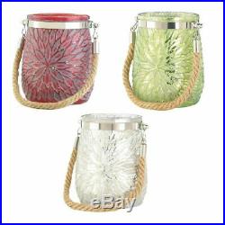 Glass Jar Candleholder Rope Handle Embossed Flower Red Green White 12 Lot Mixed