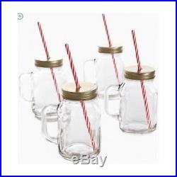 Glass Mason Drinking Jars With Lid Handle Straw Set of 4 Piece Mug Party Gift