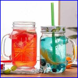 Glass Mason Jar, Juice Soft Cold Drinks Mason Mug with Handle and Straw