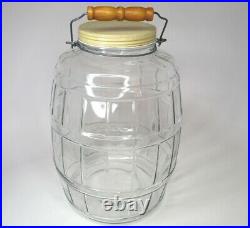 Glass Vintage Barrel Pickle Jar WithMetal Lid Wire Bale Wooden Handle 2 1/2 Gallon