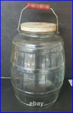 Glass Vintage Barrel Pickle Jar WithMetal Lid Wire Bale Wooden Handle 3 Gallon