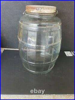 Glass Vintage Barrel Pickle Jar WithMetal Lid Wire Bale Wooden Handle 3 Gallon