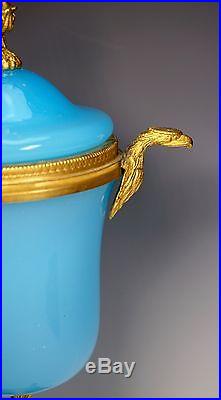 Gorgeous Ormolu Mounted Eagle Handles Blue Opaline Glass Covered Jar