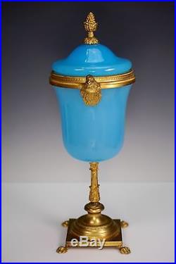 Gorgeous Ormolu Mounted Eagle Handles Blue Opaline Glass Covered Jar