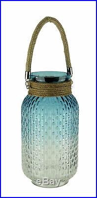 Gradient Blue Glass Candle Lantern Jar with Jute Rope Handle 10 inch