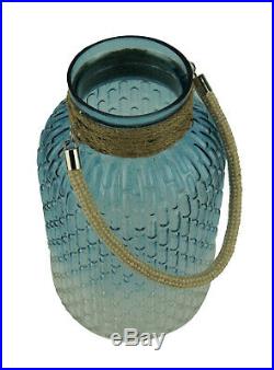 Gradient Blue Glass Candle Lantern Jar with Jute Rope Handle 13 inch
