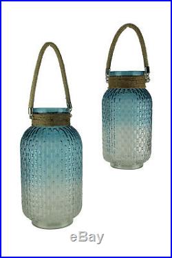 Gradient Blue Glass Candle Lantern Jars with Jute Rope Handle Set of 2