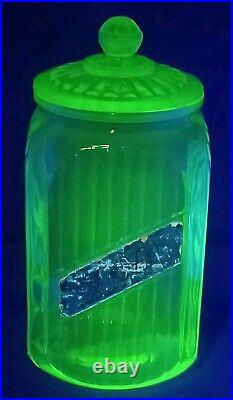 Green Depression 1930's Vaseline Glass Large Tea Jar Canister With Lid 9