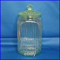 Green Depression 1930's Vaseline Glass Large Tea Jar Canister With Lid 9