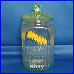 Green Depression 1930's Vaseline Glass Large Tea Jar Canister With Lid 9