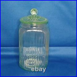 Green Depression 1930's Vaseline Glass Large Tea Jar Canister With Lid 9