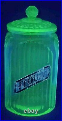 Green Depression 1930s Vaseline Glass Large Flour Jar Canister With Lid 9