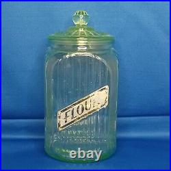 Green Depression 1930s Vaseline Glass Large Flour Jar Canister With Lid 9