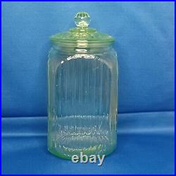 Green Depression 1930s Vaseline Glass Large Flour Jar Canister With Lid 9