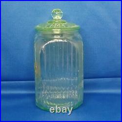 Green Depression 1930s Vaseline Glass Large Flour Jar Canister With Lid 9