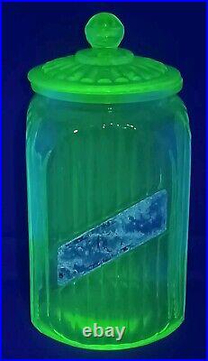 Green Depression 1930s Vaseline Glass Large Sugar Jar Canister With Lid 9