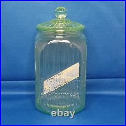 Green Depression 1930s Vaseline Glass Large Sugar Jar Canister With Lid 9