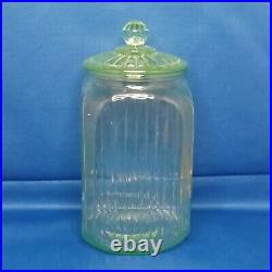 Green Depression 1930s Vaseline Glass Large Sugar Jar Canister With Lid 9