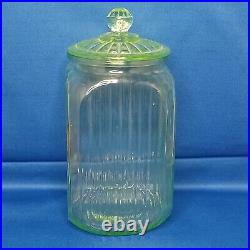 Green Depression 1930s Vaseline Glass Large Sugar Jar Canister With Lid 9