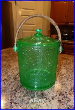 Green Depression Glass Macaroon Cookie Jar Ice Bucket withLid & Wicker Handle