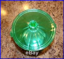 Green Depression Glass Macaroon Cookie Jar Ice Bucket withLid & Wicker Handle