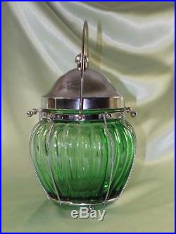 Green Glass Cookie Jar WithSilver Toned Music Box Lid In Metal Enclosure WithHandle