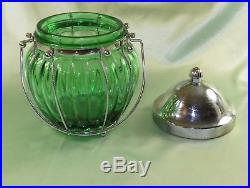Green Glass Cookie Jar WithSilver Toned Music Box Lid In Metal Enclosure WithHandle