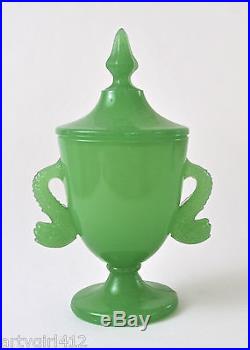 Green Lidded Fenton Jadeite Jar / Dolphin Handles / ca 1927