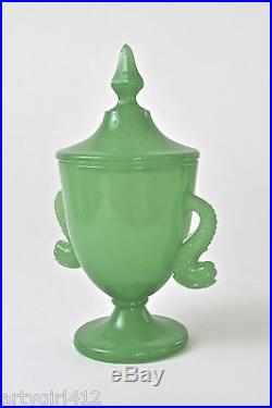 Green Lidded Fenton Jadeite Jar / Dolphin Handles / ca 1927