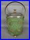 Green Satin Glass Lidded Biscuit Jar in Gold-wash Metal Holder with Handle 5524