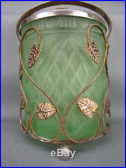 Green Satin Glass Lidded Biscuit Jar in Gold-wash Metal Holder with Handle 5524