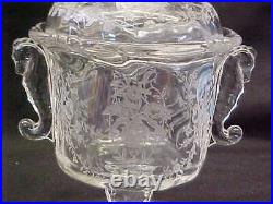HEISEY ORCHID ETCHED #1507 DOUBLE HANDLE SEAHORSE CANDY JAR w COVER 8 TALL SIGN