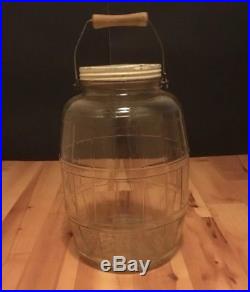 HTF LARGE VTG 1959 Vintage Illinois Glass Barrel Pickle Jar Wood Bail Handle MID