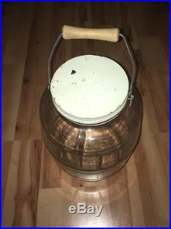 HTF LARGE VTG 1959 Vintage Illinois Glass Barrel Pickle Jar Wood Bail Handle MID