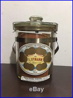 H. Upmann Glass Cigar Humidor, 8 Tall WithMetal Bands & Leather Handle Office Jar