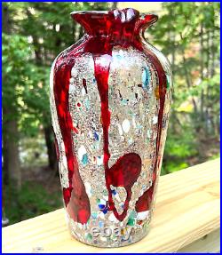 Hand Blown Art Glass Millefiori Vase Handles Red Drip Speckled Gold Flecks 10