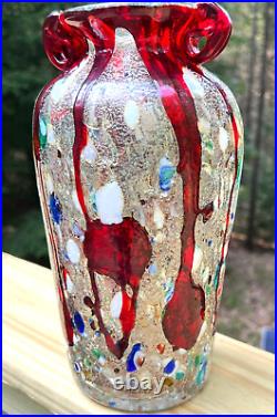 Hand Blown Art Glass Millefiori Vase Handles Red Drip Speckled Gold Flecks 10