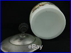 Hand-painted Enameled Victorian Glass Biscuit Jar with Silver Lid and Handle