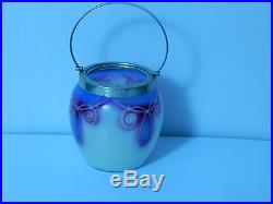 Handblown Art Glass Biscuit Jar Metal Handle and Rim 9 1/2 Tall WithHandle