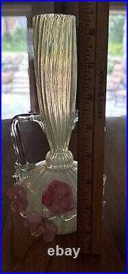 Harrach Vaseline Vase Yellow Texture Stripe Applied Handles, Vines & Pink Petals