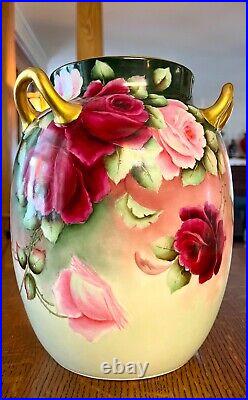 Haviland Limoges VASE Hand Painted ARTIST SIGNED Rose Vase 3 Handles