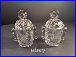 Heisey Glass Orchid Pattern Lidded Cigarette Jars Seahorse Handles Shell Finials