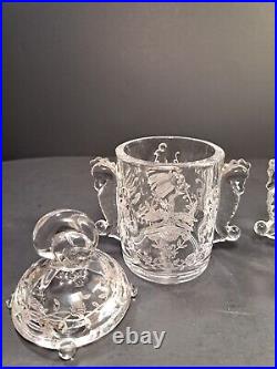 Heisey Glass Orchid Pattern Lidded Cigarette Jars Seahorse Handles Shell Finials