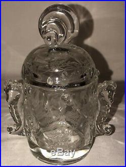 Heisey ORCHID CRYSTAL 5 1/2 CIGARETTE JAR WithCOVER & SEAHORSE HANDLES AS IS