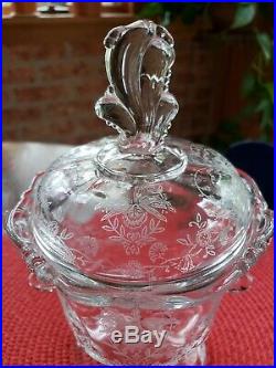 Heisey ORCHID ETCHED Elegant Glass Clear Waverly Seahorse Handle Plume CANDY JAR